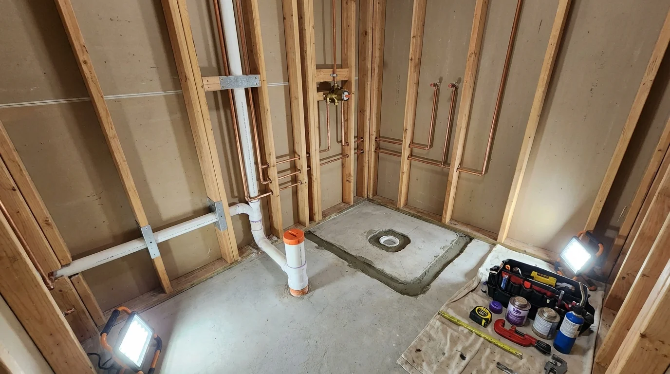 Bathroom rough-in plumbing during remodel by Johns Plumbing LLC in Meriden