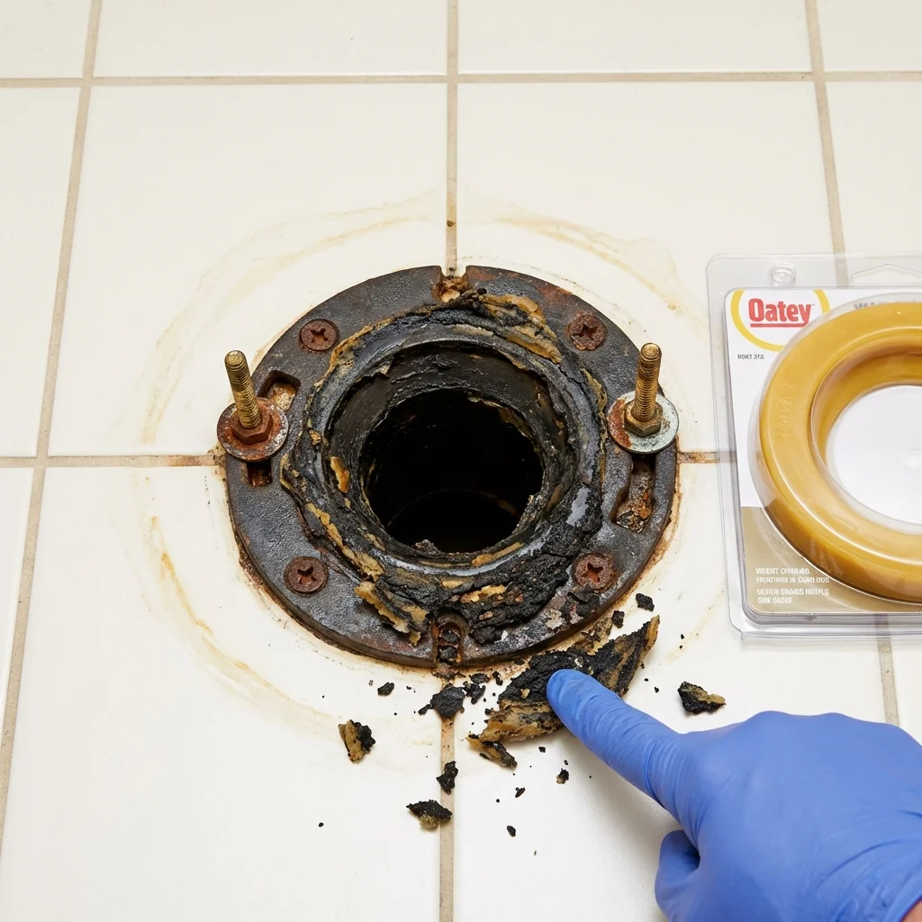Failed wax ring showing water seepage at the base of a toilet in a Meriden, CT home