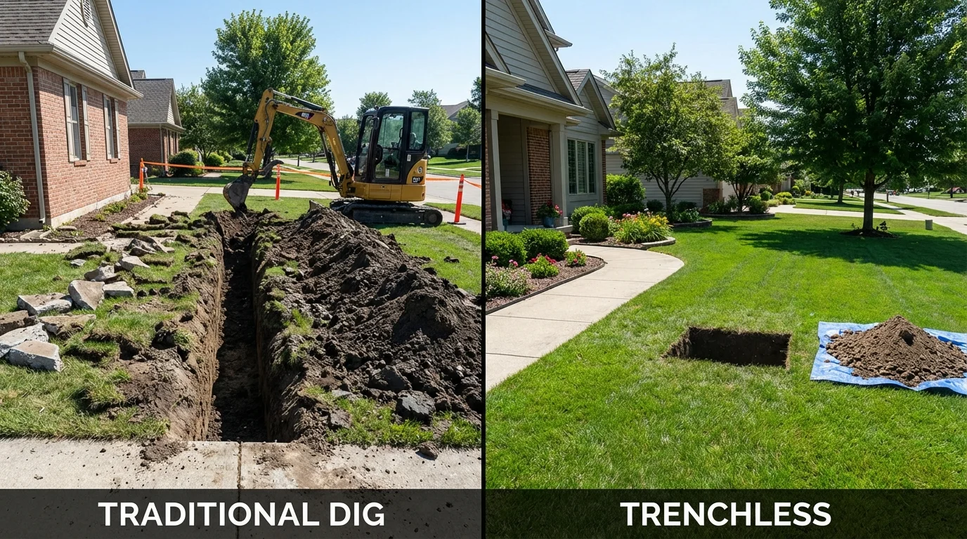 Trenchless sewer repair with minimal yard damage versus traditional excavation in Meriden, CT
