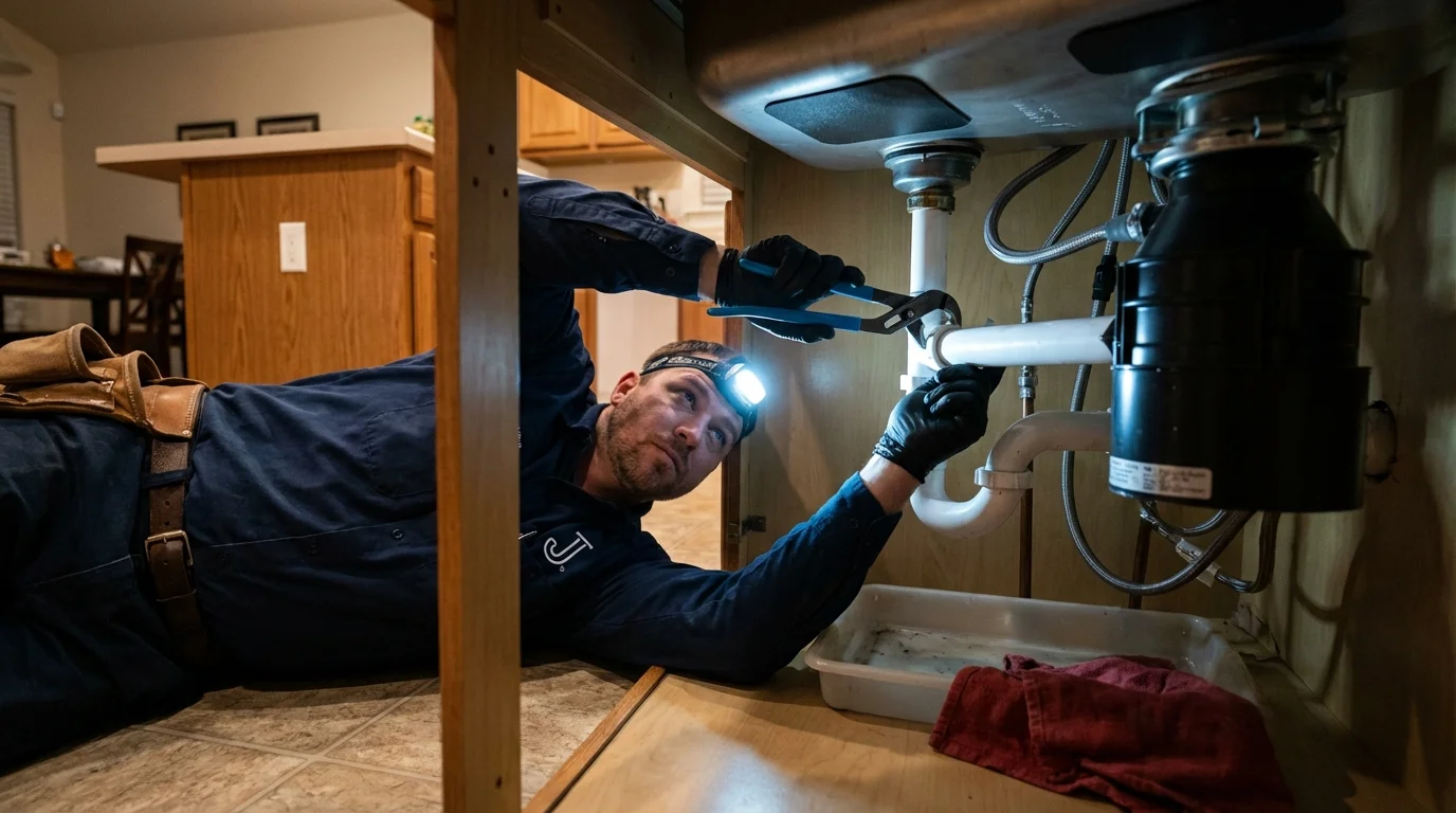 P-trap and supply line connections under a kitchen sink showing a common leak point in Meriden, CT